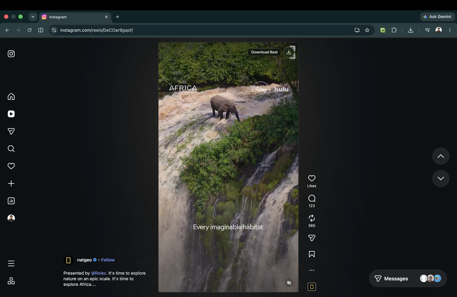 Instagram Explore grid with Rank Kiwi download button appearing directly on hovering a reel